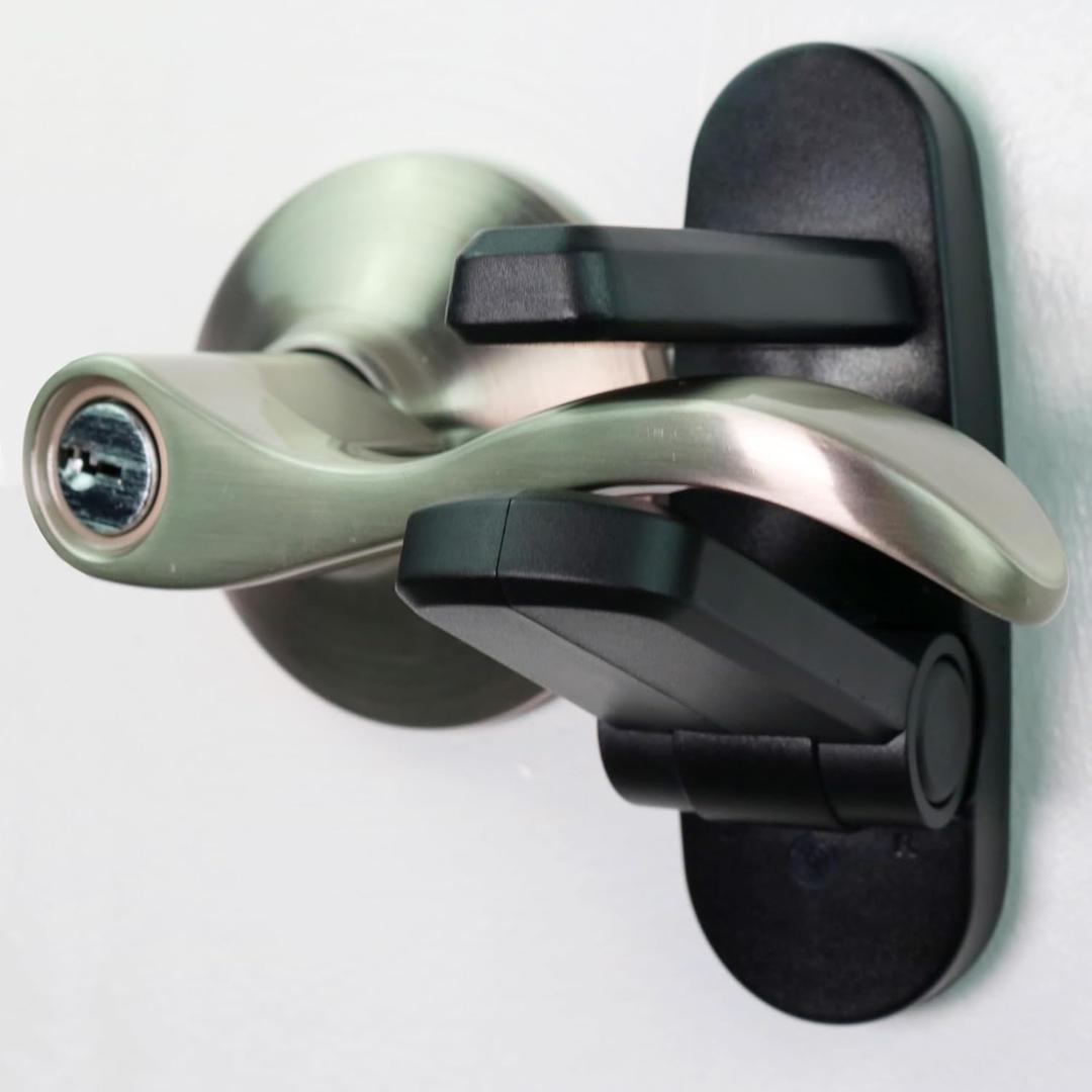 Door Lever Lock (4 Pack) Prevents Toddlers from Opening Doors. 3.25" L * 1.5" W * 4.5" H Easy One-Hand Operation for Adults. Durable ABS with 3M Adhesive Backing, Simple Install (Black)