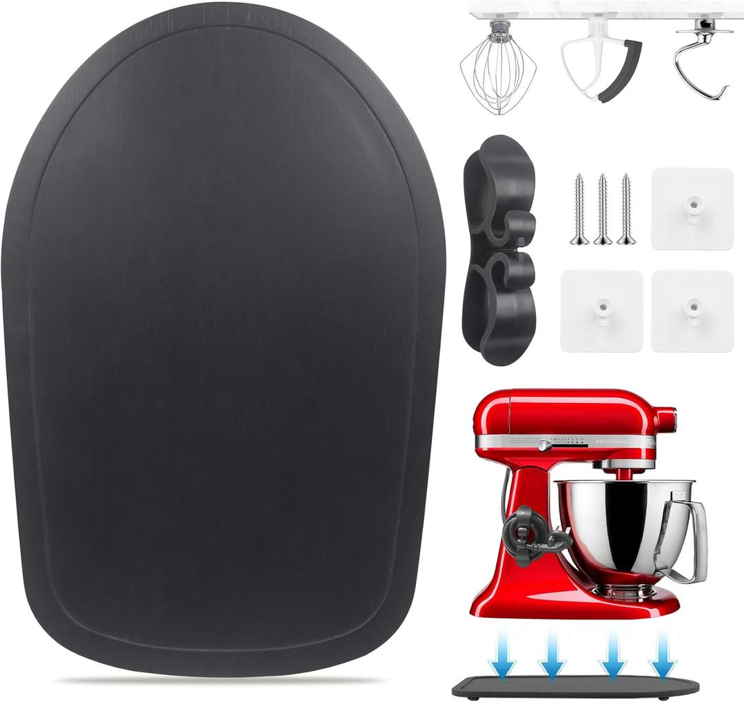 Sliding Mat for Kitchen aid 4.5-5 Qt Stand Mixer with 1Pc Cord Organizer and 3Pcs Attachment Holder for Kitchen Appliance Slider Counter, Moving Tray (4.5-5 Qt Pine Wood, Black)