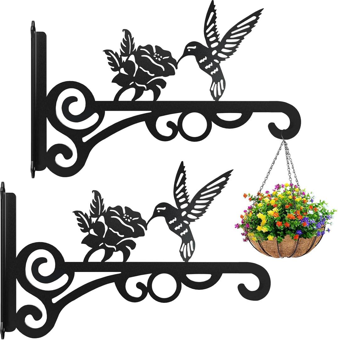 2-Pack 10 Inch Aesthetic Plant Hangers Outdoor Metal Hanging Plant Bracket with Beautiful Hummingbird Pattern Heavy Duty Plant Hooks for Hanging Plants, Bird Feeder, Wind Chime, Lantern, Black