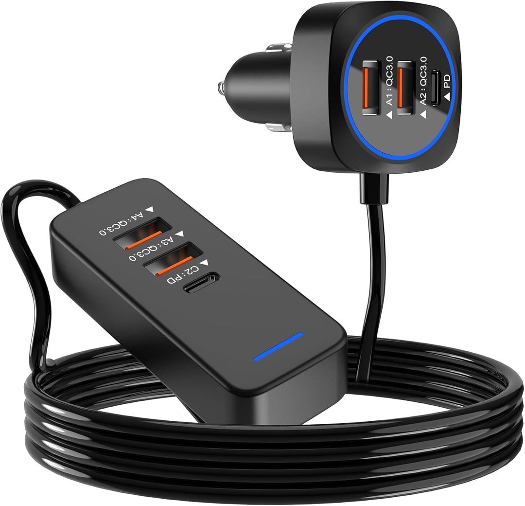 Car USB Charger Multi Port with 5.9FT Extension, QC3.0 76W Fast Charging Cigarette Lighter USB C Charger Adapter Multiple Ports for Mobile Phones and ipad