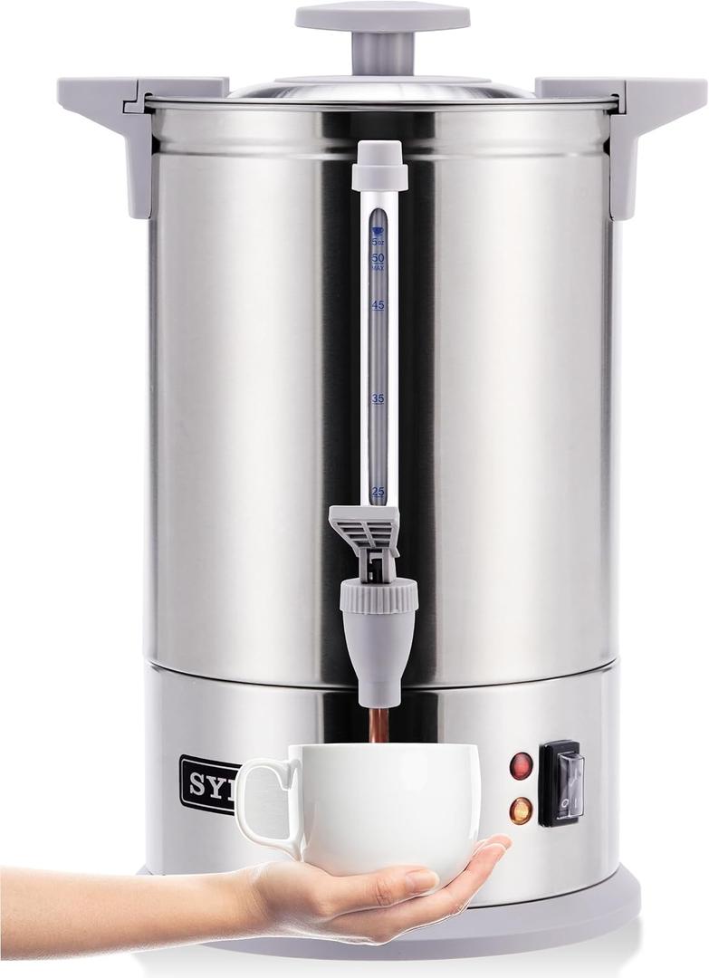 SYBO SR-CP-100B Commercial Grade Stainless Steel Percolate Coffee Maker Hot Water Urn for Catering, 100-Cup 16 L, Grey (EXP 08/04/26)