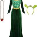 Princess Fiona Costume for Women Adult Halloween Cosplay Green Velvet Dress with Crown Necklace Full outfit, XL