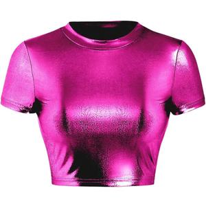 SOLY HUX Women's Y2k Metallic Tee Mock Neck Short Sleeve Crop Tops T Shirt Solid HotPink Small