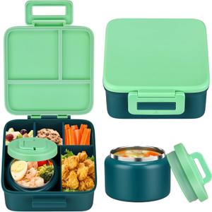 MAISON HUIS Kids Bento Lunch Box With 8oz Soup Thermo, Leakproof Lunch Containers with 5 Compartment, Thermo Insulated Hot Food Jar for School,Travel (Green)