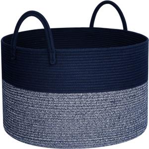 MINTWOOD Design Extra Large 22 x 14in Decorative Woven Cotton Rope Blanket Storage Basket Bin Living Room with Long Handles, Laundry Hamper for Pillows, Pool Towels, Dog Toys, Shoes, Navy Blue