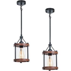 Farmhouse Pendant Light, Rustic Walnut Wood Metal Cage Hanging Light Fixtures with Glass, Adjustable for Flat and Slop Ceiling, Pendant Lighting for Kitchen Island Foyer Hallway,2-Pack