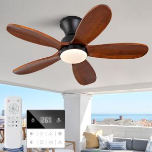 36 Inch Flush Mount ceiling fan with lights,Outdoor Ceiling Fans for Patios,Remote Control,Dimmable,Reversible,Wood Blades,Power-Off Memory,Quiet DC Motor,Modern Hugger Ceiling Fan for Bedroom