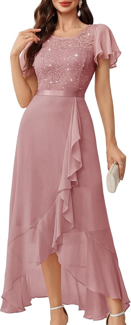 BeryLove Formal Dresses for Women 2026 Wedding Guest with Slit Cocktail Elegant Lace Long Prom Dress (Pink, M)