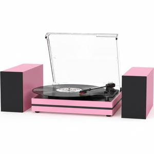 Vintage Record Player with External Speakers Belt-Drive Turntable for Vinyl Records Dual Stereo Speakers LP Players Support 3 Speed 3 Size Wireless Playback AUX Headphone Input Auto Stop Pink