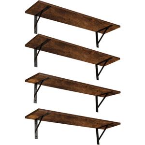 DINZI LVJ Long Wall Shelves, Set of 4, 31.5Inch Wall Mounted Shelves, Extra Large Wall Storage Ledges with Sturdy Metal Brackets for Living Room, Bathroom, Bedroom, Kitchen, Rustic Brown