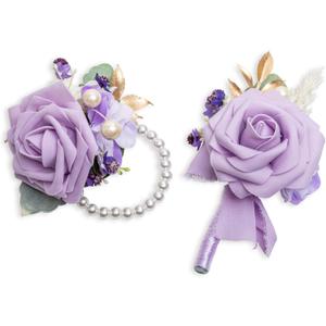 Vintage Violet Purple Wrist Corsage and Boutonniere Soft Touch Foam Rose for Wedding Prom Flower Anniversary Homecoming Event 1 Pairs S1&X1-Z