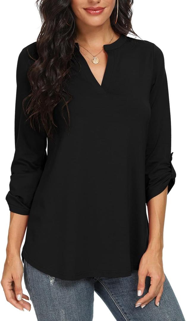 NILOUFO Womens Casual Summer Shirts Notch V Neck Blouses 3/4 Roll Sleeve Tops Tunics (Medium, Black)