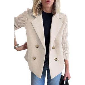 ebossy Women's Double Breasted Wool Pea Coat Notched Lapel Ribbed Knit Long Sleeve Sweater Short Blazer Jacket (Medium, Apricot)