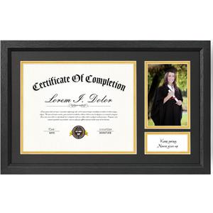 11x18.5 Diploma Frame, Display 8.5x11 Certificate Document and 4x6 Graduation Picture, Graduation Degree Frame with Real Glass and Double Mats, Black Wood Grain