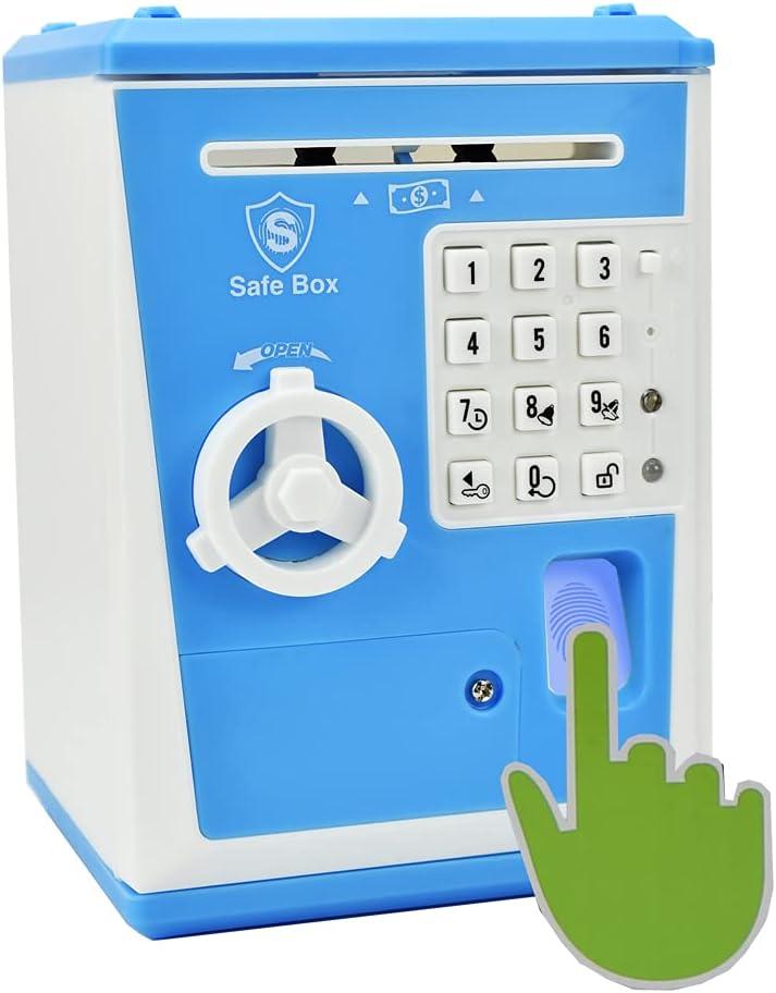 Kids Safe Bank with Fingerprint Password Talking ATM Piggy Bank for Real Money Toy Gift for 5-14 Years Old Boys Girls (Blue/White)