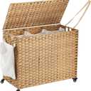 Laundry Hamper with Wheels, 52.8 Gallon(200L) Rolling Laundry Basket with Lid, 3-Section Rattan Clothes Hamper with 3 Removable Liner & 3 Mesh Bags, Laundry Sorter with Side Pocket, Natural (200L31.5x15.75x25.6 Inches)
