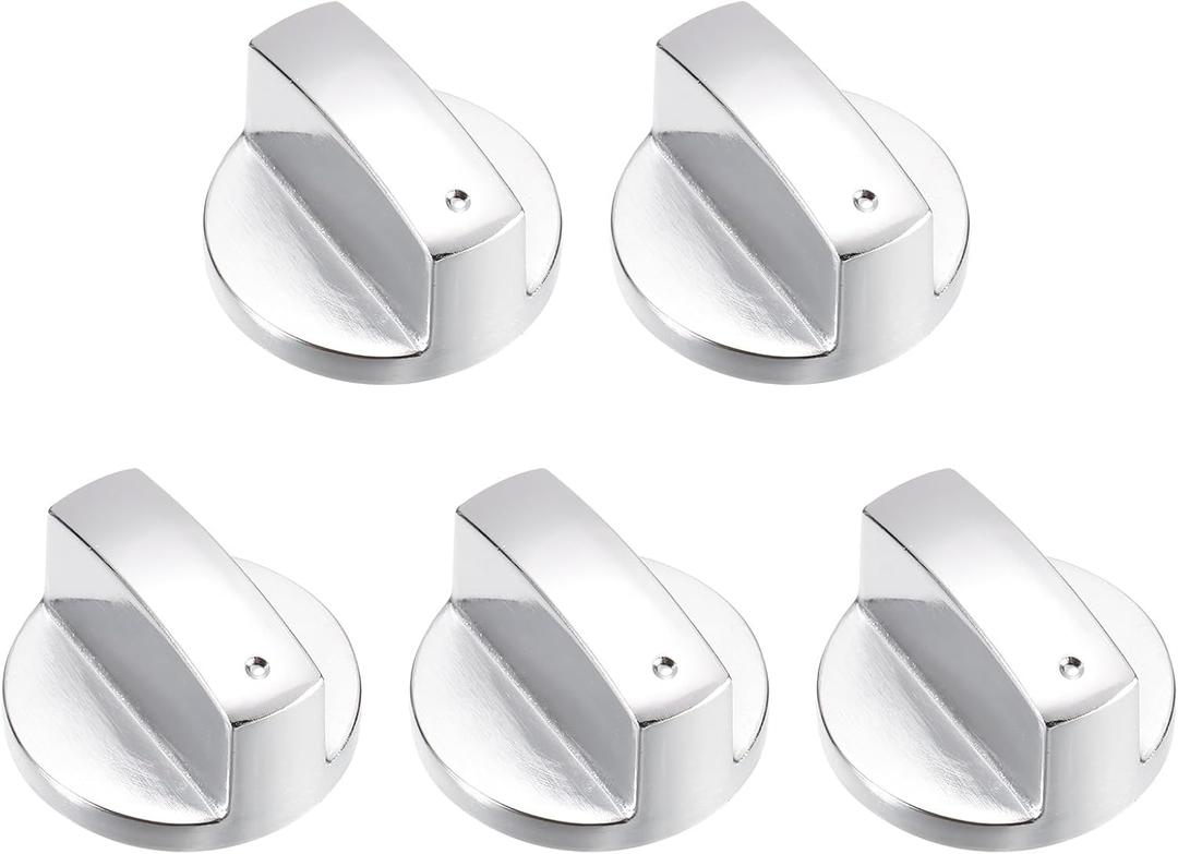 uxcell 5Pcs Gas Stove Knob, 6mm Universal Cooker Replacement Knobs Angle: 0, Durable Metal Surface Switch for Kitchen Cooktop, Gas Stove & Various Ovens(Silver Tone)