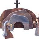 Empty Tomb Easter Scene and Cross Decoration Wooden Jesus Nativity Christ Statue Christian Easter Tray Decor for Home Office Tabletop