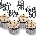 24 Pcs Glitter 50th Birthday Cupcake Toppers for Celebrating 50th Birthday Party Decorations for Fifty Years Old Birthday Party Supplies (Black)