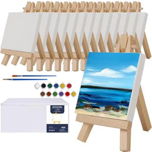 Mini Canvases with Easel Set, Pack of 14,4 x 4 Inches Mini Canvas Boards,14pcs 5" Mini Easel and 2 Sets of Paint and Brushes, Small Canvas for Professional Kids Art Supplies