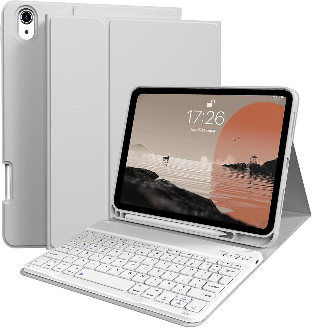 kenke for iPad 11/10th Gen Case with Keyboard 11/10.9 inch 2025 A16/2022, Detachable Wireless Bluetooth Keyboard Case Thin & Light with Built-in Left Side Pencil Holder, White Square Keycaps (Gray)