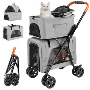 LPOTIUS Double Cat Stroller for 2 Cats or Dogs, Detachable Carriers, Gray