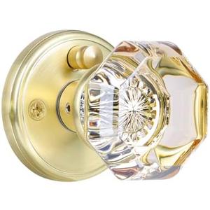 Champagne Glass Door Knobs Interior with Lock, Gold Satin Brass Crystal Privacy Octagon Door Knobs for Bedroom Bathroom