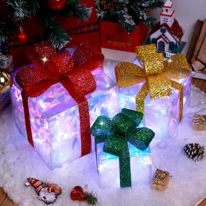 Set of 3 Lighted Gift Boxes Christmas Decorations - Christmas Lighted Gift Boxes Light up Xmas Present Ornament for Tree Indoor Outdoor Yard Holiday Door(Crystal)