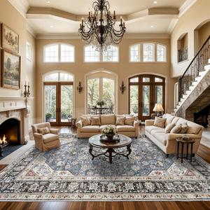 10x14 Area Rugs Living Room: Extra Large Washable Area Rug Super Soft Distressed Oriental Rugs with Non-Slip Backing Farmhouse Rug Low Pile Thin Stain Resistant Indoor Carpets 10'x14' Blue/Multi