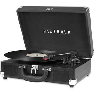 Victrola Journey Bluetooth Portable Suitcase Record Player  with Built-in Speakers, 3 Speed Vinyl Record Player, RCA Out, Headphone Jack (Black)