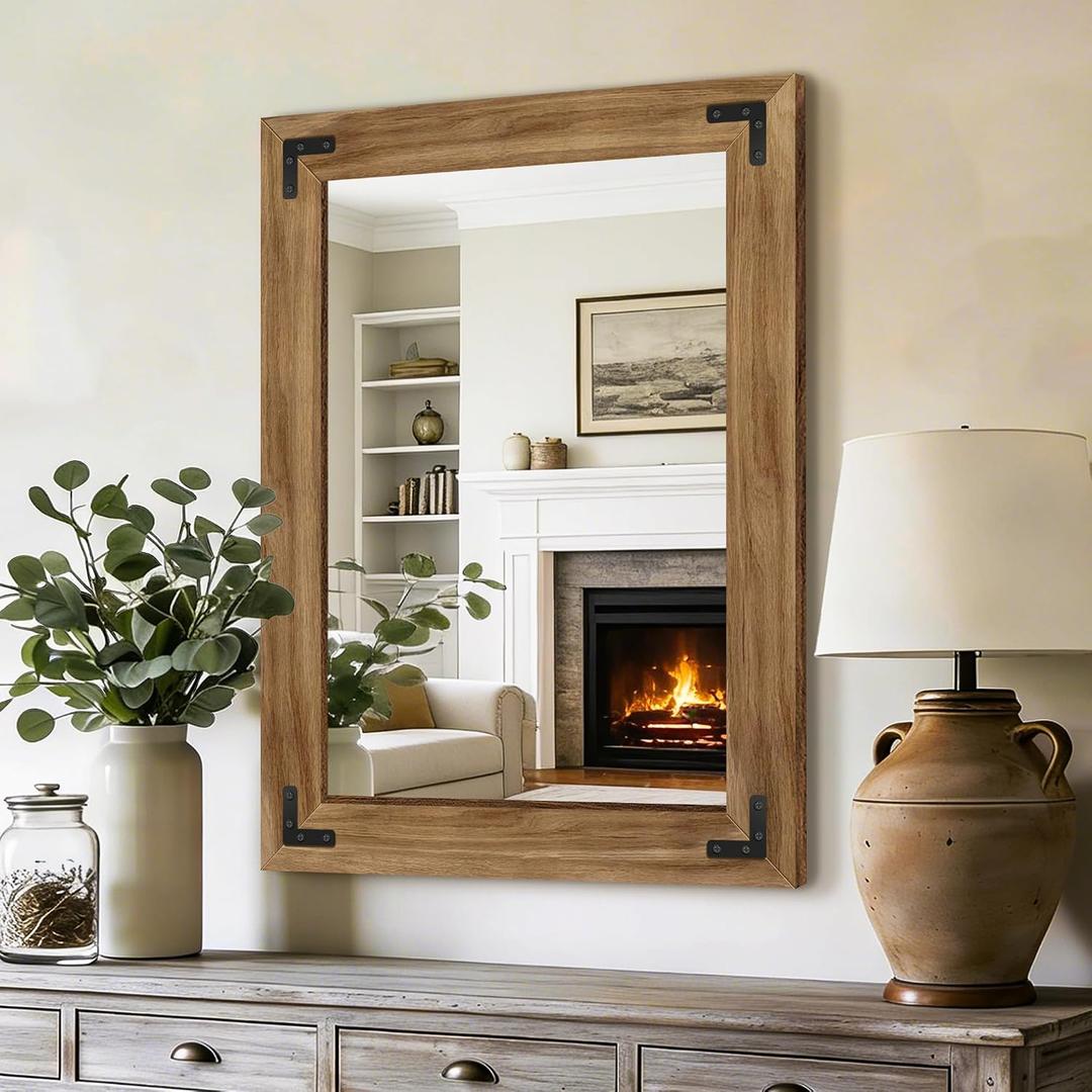 AMOISE Farmhouse Bathroom Vanity Mirror, 32" x 24" Wood Frame Wall Mirror, Vintage Rustic Decor for Entryway, Bedroom, Living Room, Vertical or Horizontal Hanging