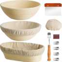 Banneton Bread Proofing Basket, Kikcoin Round Oval Proofing Basket Set of 3 (9" Round & 10" Round & 10" Oval), Sourdough Proofing Basket with Linen Liner, Bread Lame, Metal Scraper
