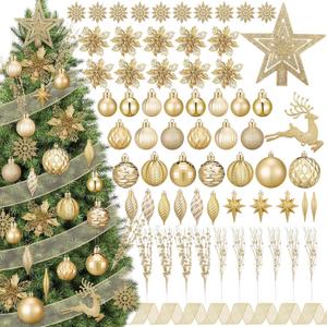118 Pcs Christmas Tree Ornaments Set Including Ornaments Balls, Hanging Snowflakes Icicle, Mesh Ribbon, Tree Top Star, Flower, Berries Stems for Xmas Trees Holiday Decor(Gold)