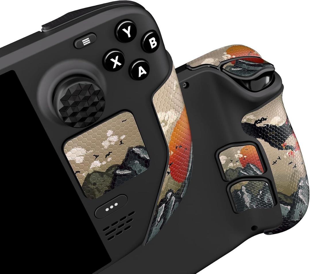 PlayVital Professional Textured Handle Grips for Steam Deck LCD & OLED, Trackpads Enhancement Back Button Set with Thumb Grip Caps - View of Rising Sun
