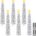 Funtery 6 Pcs LED Christmas Tree Flameless Taper Candles Real Wax Battery Operated Candlestick Lights with 3D Flame and Remote Timer Window Fireplace(Silver,Christmas Tree)