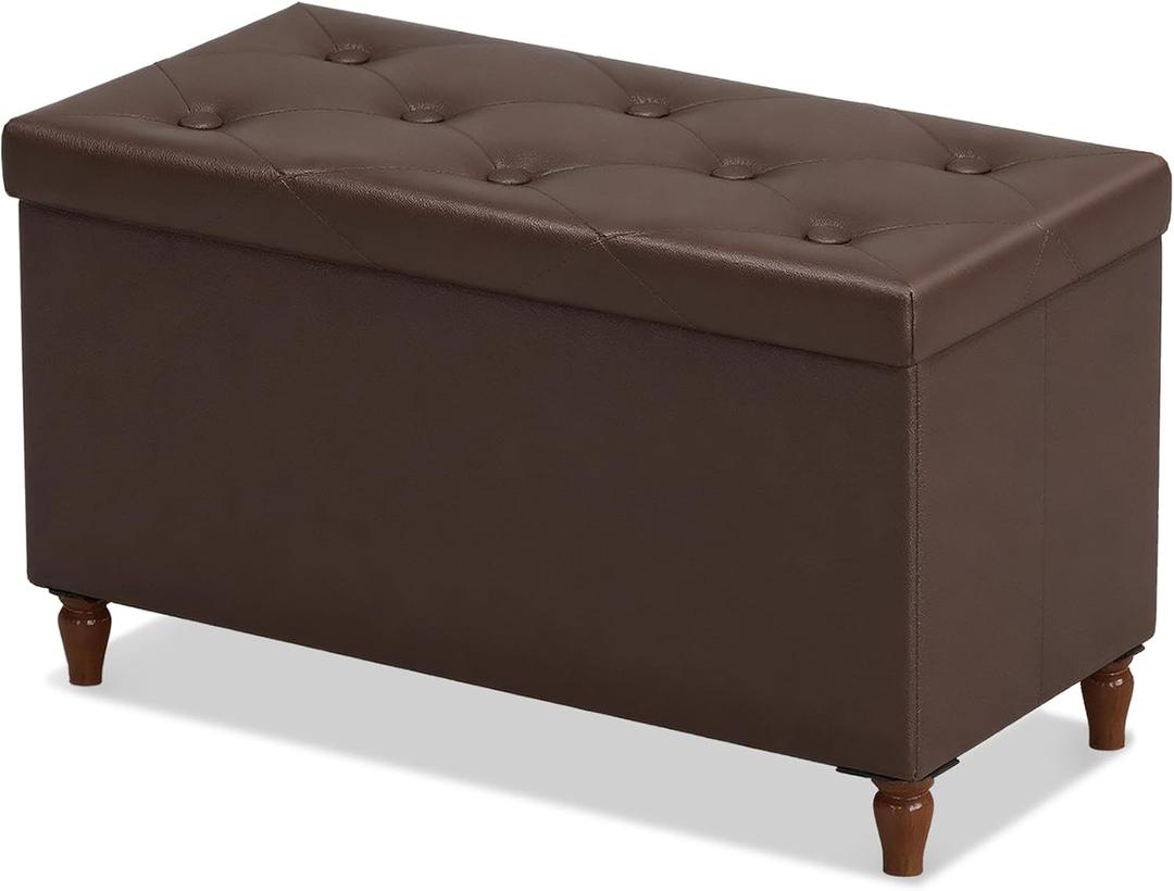 30 Inches Ottoman with Storage, Folding Bench with Legs, Brown, 30"D x 15"W x 15.7"H