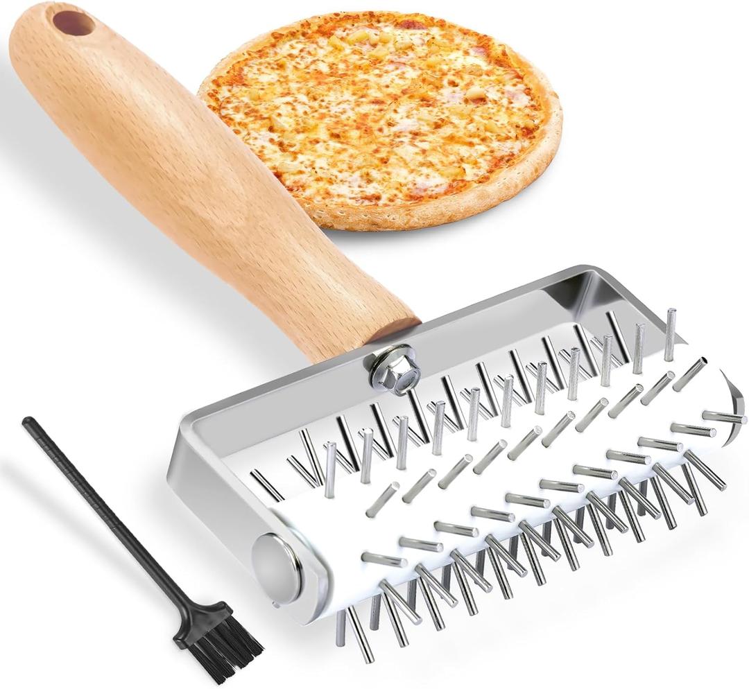 Pizza Dough Docker, Professional Dough Roller with Stainless Steel Spikes Wood Handle, Sturdy Pizza Docking Tool for Home & Commercial Kitchen, Time-Saver for Making Pizza Pie Pastry Bread