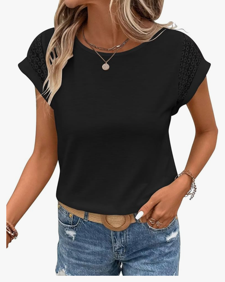 Bliwov Womens Tops Lace Cap Sleeve T Shirts Casual Trendy Cute Summer Spring Outfits Plus Size Beach Vacation Fashion Clothes S