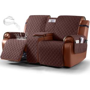 Ruaozz Waterproof Loveseat Recliner Cover with Console Non-Slip Reclining Couch Covers Split Sofa Slipcovers with Elastic Straps Furniture Protector for Kids, Dogs, Pets (Coffee, 2 Seater)