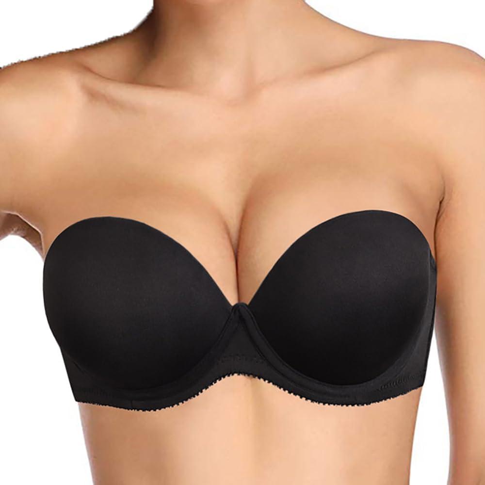 Plusexy Women's Push Up Strapless Bra Thick Padded Underwire Convertible Multiway Bras (Black, 34C)