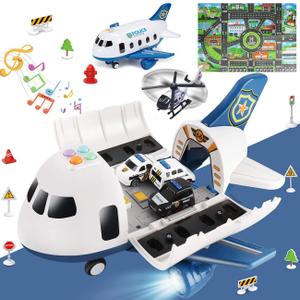 Dwi Dowellin 5 in 1 Airplane Toys with Light and Sound, Police car Toys with Activity Mat, Christmas Birthday Gifts for Kids 3 4 5 6 Year Old Boys Girls