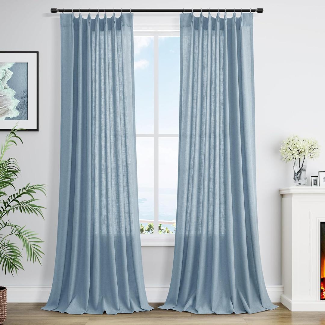 Blue Linen Pleated Curtains 108 Inch Long for Living Room Bedroom 2 Panel Light Filtering Privacy Semi Sheer Window Curtain Modern Farmhouse Coastal Decor Back Tab Clip Rings Drape for Large Window