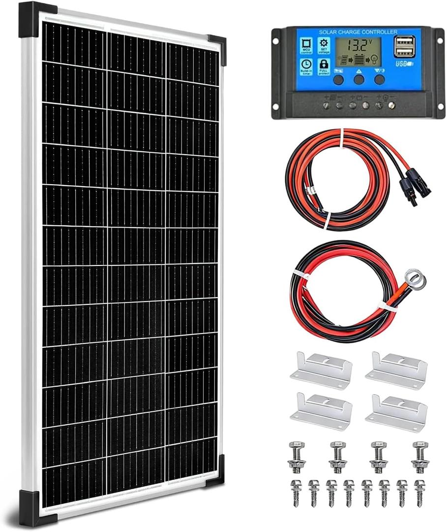Solar Panel Kit 100W 12V Monocrystalline,Battery Maintainer +20A Solar Charge Controller +16.4Ft Extension Cable with Battery Clips O-Ring Terminal for RV Marine Boat Off Grid System