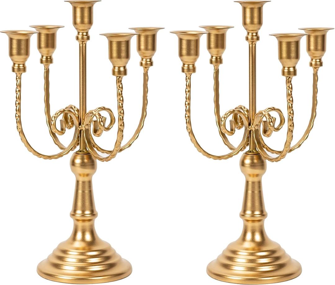 6 Pcs Gold Candelabras Centerpieces for Tables, 11.8" Candlestick Holder for Taper Candles, 5 Arm Brass Candelabra Candle Holder for Wedding Centerpiece Decor Party Event Reception Decoration