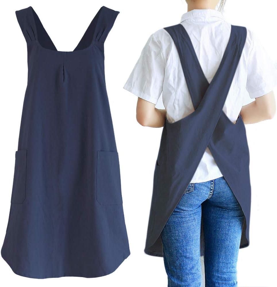 NEWGEM Japanese Linen Cross Back Kitchen Cooking Aprons for Men with Pockets for Baking Painting Gardening Cleaning Navy Blue