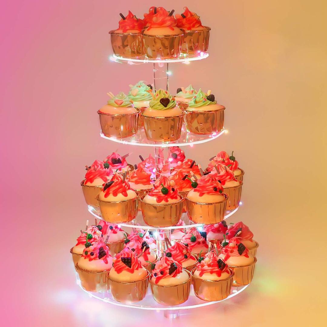 YestBuy 4 Tier Round Cupcake Stand  Premium Cupcake Holder  Acrylic Cupcake Tower Display  Display for Pastry + LED Light String  Ideal for Weddings, Birthday Parties & Events (Multicolored) (Colorful)