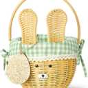 DoubleFill 1pcs Wicker Easter Basket Wicker Picnic Basket with Tag Empty Rattan Bunny Basket with Handles & Liner Willow Hamper Basket for Eggs & Candy Storage Fruit (Green Plaid)