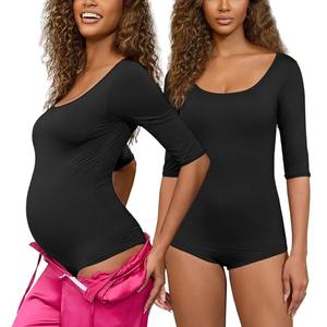 Maternity Bodysuit Scoop Neck 3/4 Sleeve Stretchy Basic Leotards Top Trendy Going Out Body Suits for Women, Black XL