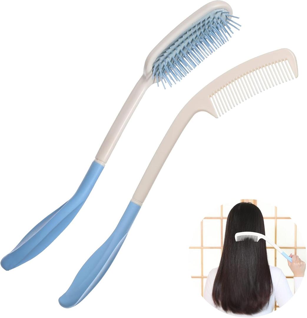 Fanwer Long Reach Handled Comb and Hair Brush Set Applicable to Elderly and Hand-Disabled People Inconvenient Upper Limb Activities (2 pcs)