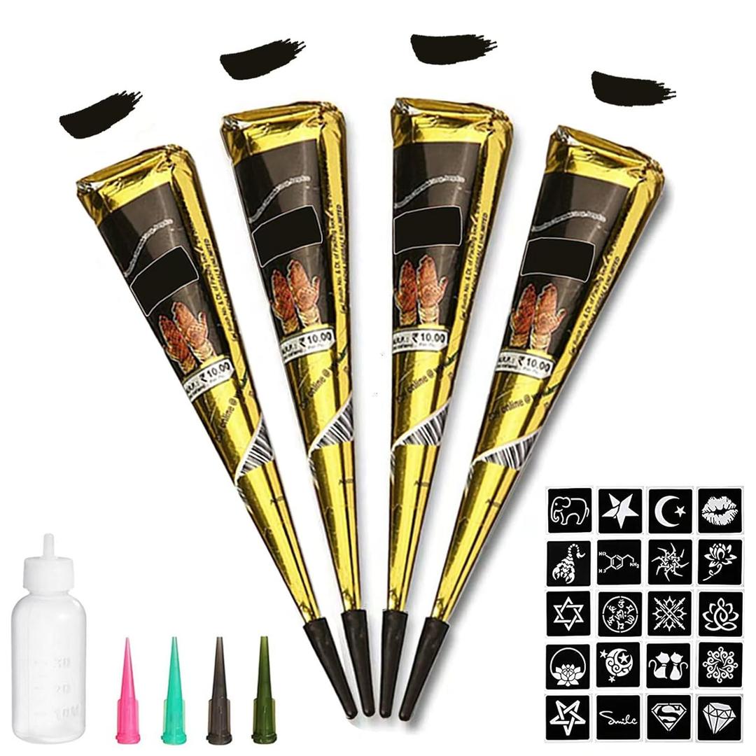 Temporary Tattoos Kit, 4Pcs Black Tattoo Paste Cones, 100% Natural Ready to Use Black Tattoo Paste, India Body DIY Art Painting for Women Men Teens with 20 Adhesive Stencils, 1 Bottle, 4Nozzles